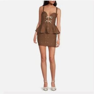 Fanm Mon Helaina Brown Embroidered Sweetheart Peplum Linen Mini Dress Nwt XL